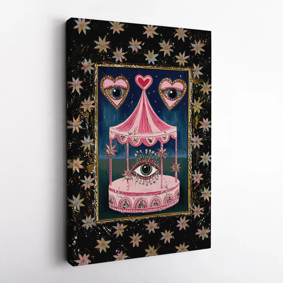 Surreal Pink Carousel Canvas Print | Evil Eye Heart Art | Premium Gallery Wrapped Wall Decor | Whimsical Gothic Home Gift