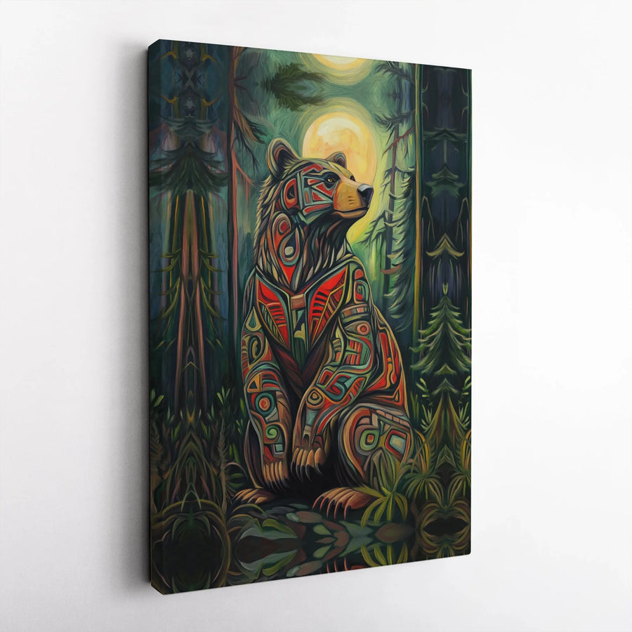 Tribal Bear Wall Art | Forest Moon Wildlife Canvas Print | Premium Fade-Resistant Gallery Wrap | Gift for Nature Lovers
