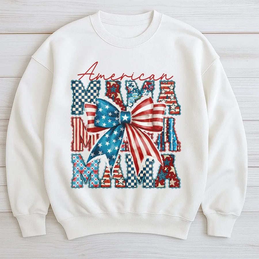American Mama Sweatshirt | Red White Blue Coquette Bow Graphic | Soft Cotton Blend | 4th of July Gift for Mom