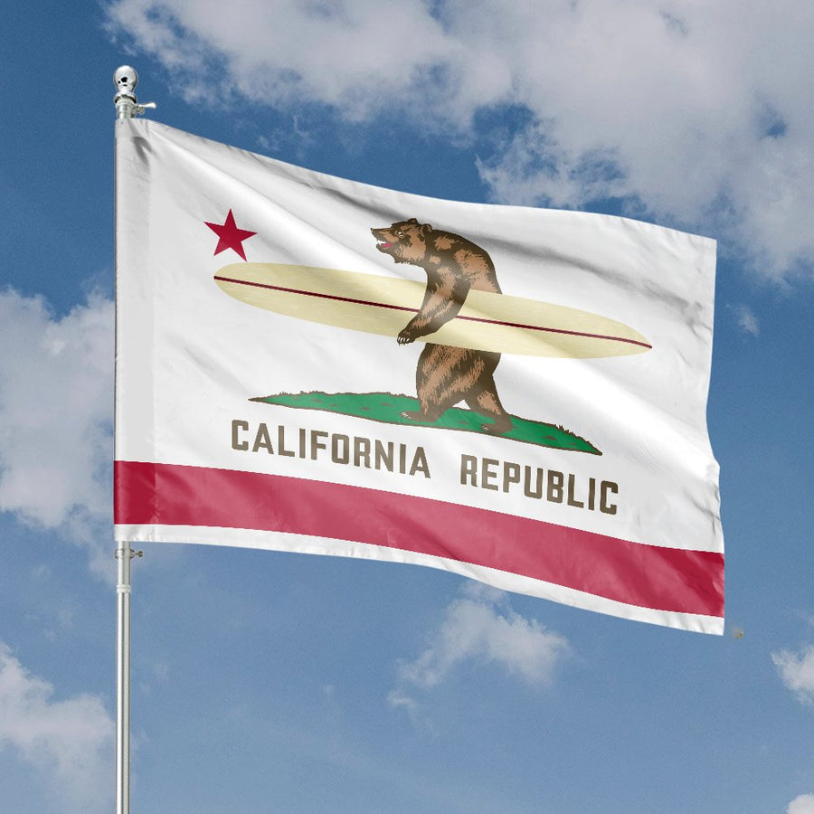 California Republic Surfboard Flag | Surfer Bear State Pride Banner | UV-Resistant Premium Polyester | Outdoor Coastal Home Decor Gift