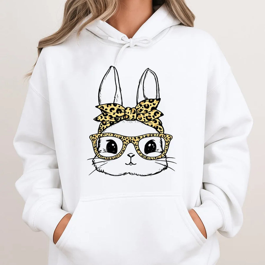 Easter Bunny Hoodie | Cute Leopard Print Bandana & Glasses | Premium Soft Cotton Blend | Seasonal Festive Gift for Women and Kids