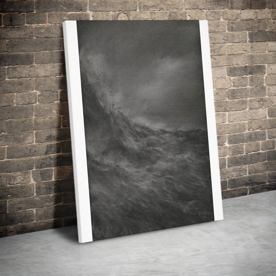 Abstract Ocean Wave Vertical Canvas | Monochrome Charcoal Wave Sketch | Premium Gallery Wrapped Canvas | Modern Minimalist Home Decor Gift
