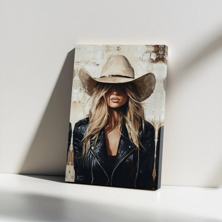 Modern Cowgirl Canvas Wall Art | Blonde Woman in Cowboy Hat Portrait | Premium Canvas Print | Gift for Western Decor Lover