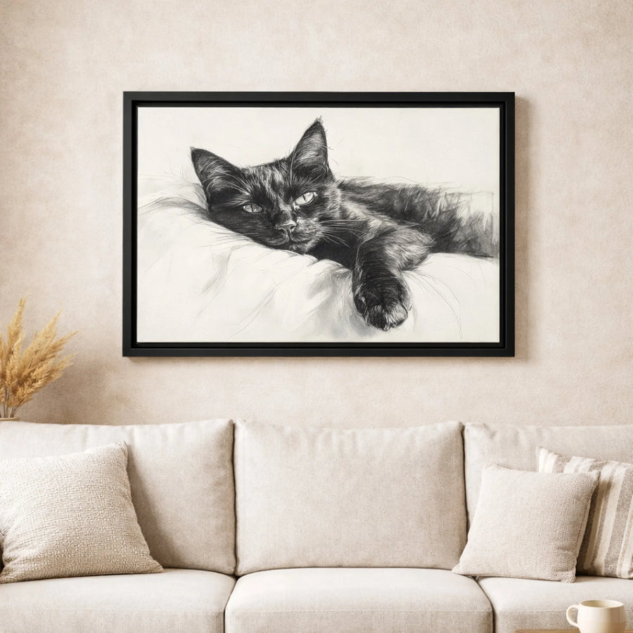Black Cat Charcoal Sketch Canvas | Artistic Sleeping Kitten Portrait | Premium Gallery-Wrapped Print | Minimalist Home Decor Gift for Cat Lovers