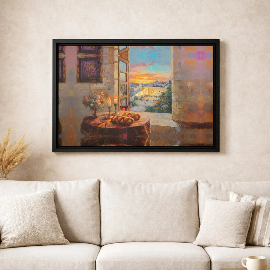 Jerusalem Western Wall Canvas Art | Shabbat Table Challah and Candles | Premium Gallery Wrapped Decor | Jewish Home Gift and Spiritual Wall Art