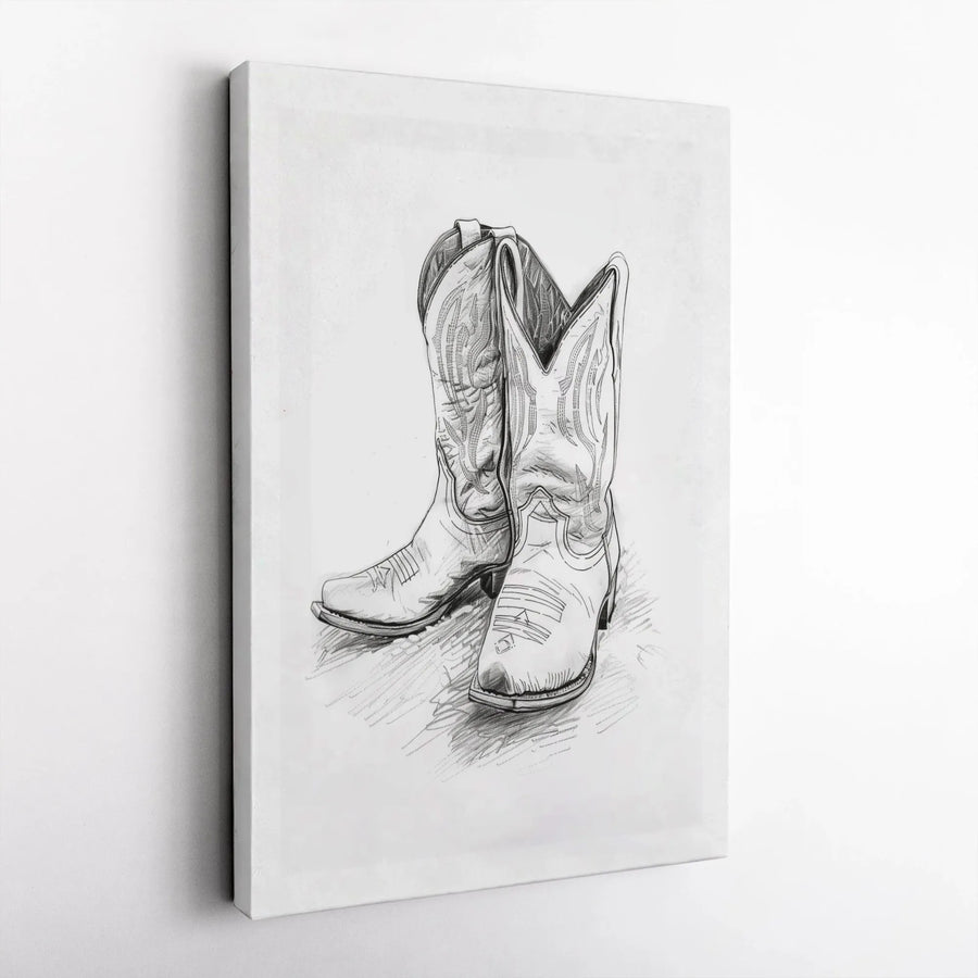 Cowboy Boots Wall Art | Western Pencil Sketch Illustration | Premium Gallery Canvas | Rustic Home Decor Gift for Him