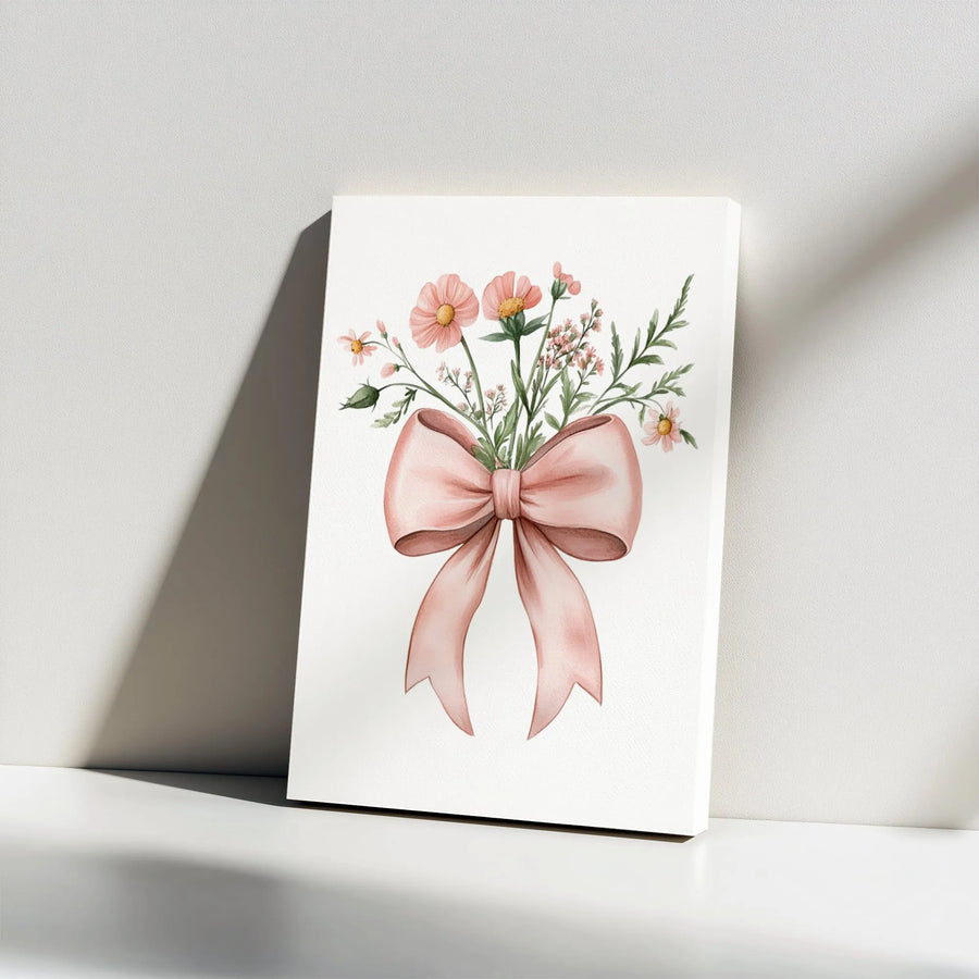 Pink Flower Bouquet Wall Art | Watercolor Floral Print with Ribbon Bow | Premium Gallery Wrapped Canvas | Elegant Home Decor for Bedroom or Nursery