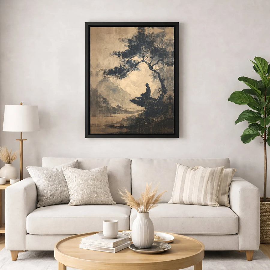 Meditating Buddha Canvas Wall Art | Japanese Ink Wash Zen Landscape | 1.25-inch Premium Gallery Profile | Mindful Home Decor Gift