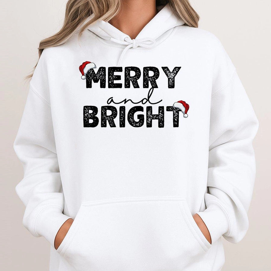 Merry and Bright Christmas Hoodie | Santa Hat Typography Graphic | Premium Cotton Blend | Matching Holiday Couple Sweatshirt Gift for Her Him