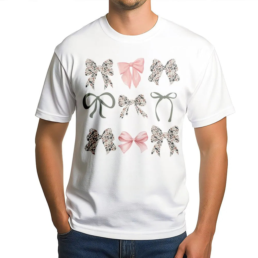 Camo Bow Graphic T-Shirt | Aesthetic Pink and Green Bow Print | Premium Soft Cotton Tee | Trendy Country Girl Gift for Women and Teens