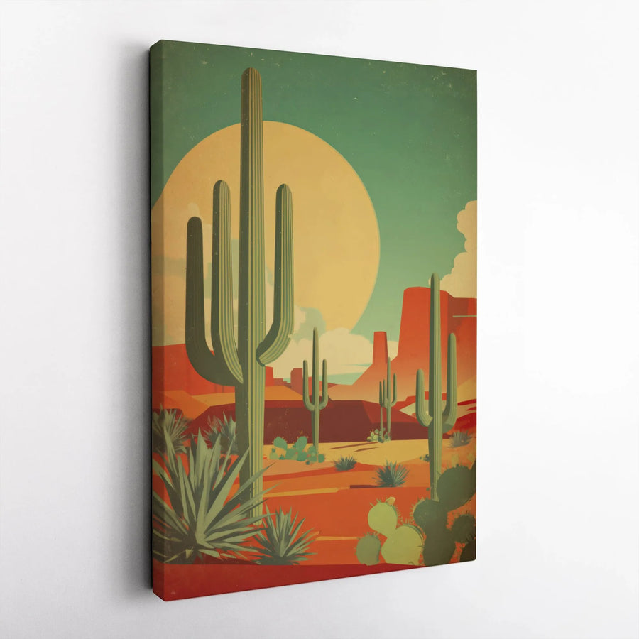 Retro Desert Canvas Wall Art | Saguaro Cactus Mid Century Modern Print | Premium Gallery Wrapped Decor | Southwestern Landscape Home Gift