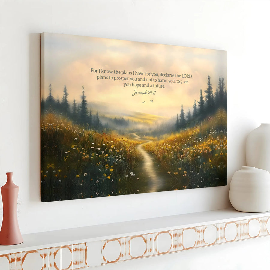 Jeremiah 29:11 Canvas Wall Art | Wildflower Meadow Landscape | Premium Gallery Wrap Print | Christian Scripture Gift for Home Decor
