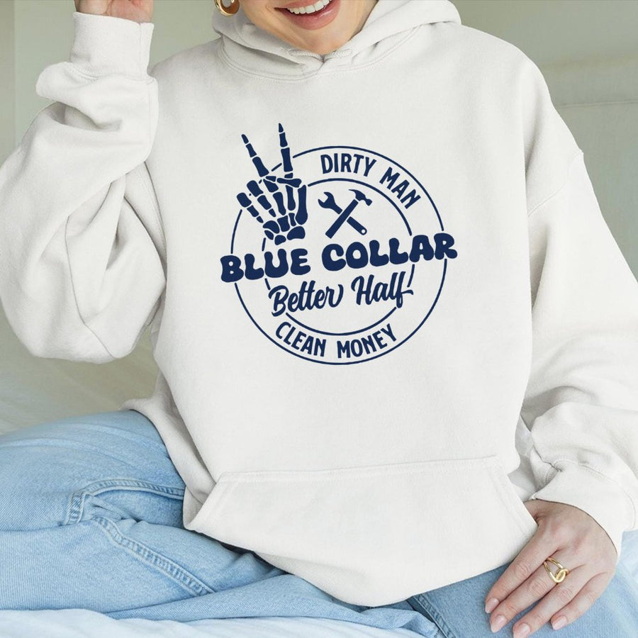 Blue Collar Better Half Hoodie | Skeleton Hand & Tools Graphic | Cotton-Polyester Blend | Funny Construction Worker Gift for Spouse