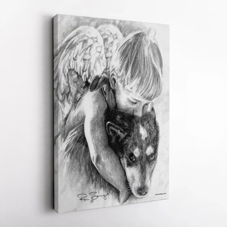 Angel Child Hugging Dog Canvas Wall Art | Emotional Pencil Sketch Illustration | Premium Fade-Resistant Print | Sympathy Gift for Pet Lovers