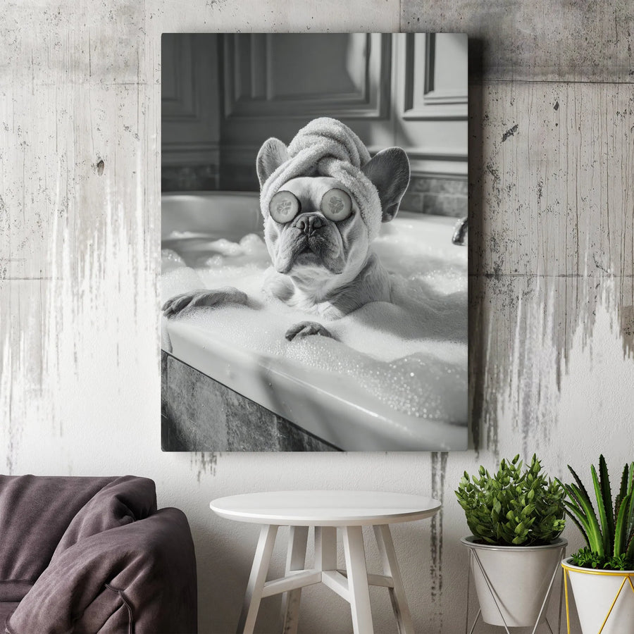 French Bulldog Spa Canvas Wall Art | Funny Dog in Bubble Bath Black and White Print | Premium Gallery-Wrapped Portrait | Bathroom Decor Gift for Dog Lovers