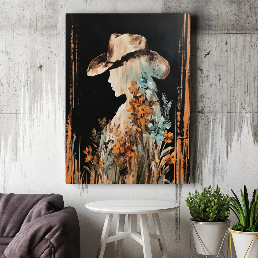 Western Floral Canvas Wall Art | Abstract Cowgirl Silhouette with Wildflowers | Premium Gallery Wrapped Canvas | Rustic Farmhouse Decor Gift