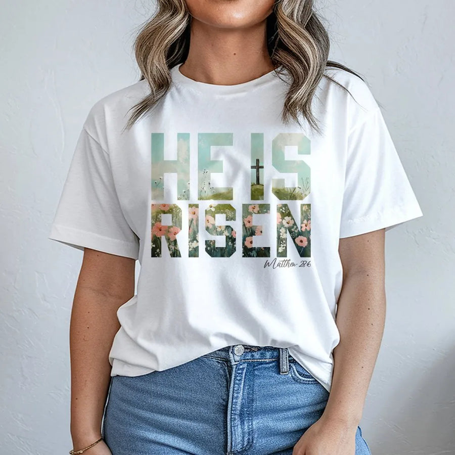 He Is Risen T-Shirt | Floral Cross Bible Verse Graphic | Premium 100% Cotton | Religious Easter Gift for Believers
