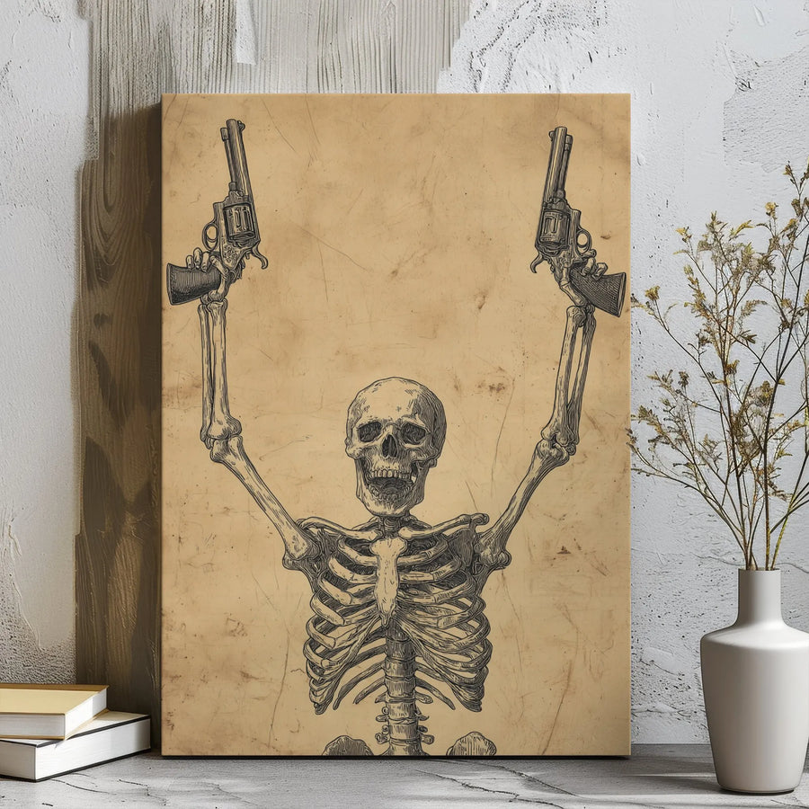 Skeleton With Revolvers Canvas Wall Art | Vintage Western Gothic Sketch Print | Premium Gallery Wrap Decor | Edgy Home Office Decor Gift