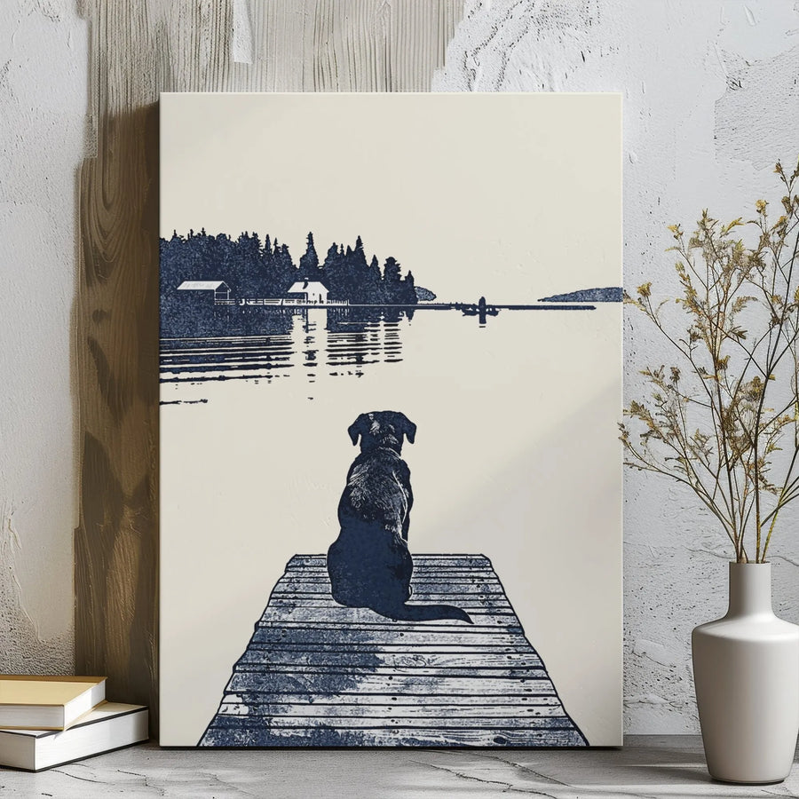 Dog On Dock Lake Canvas Wall Art | Minimalist Silhouette Landscape | Premium Gallery Wrap Print | Peaceful Nature Decor Gift For Dog Lovers