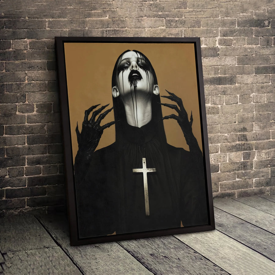 Gothic Dark Art Canvas Wall Decor | Occult Aesthetic Dripping Makeup Portrait | Premium Gallery-Wrapped Print | Moody Home Decor for Alternative Spaces
