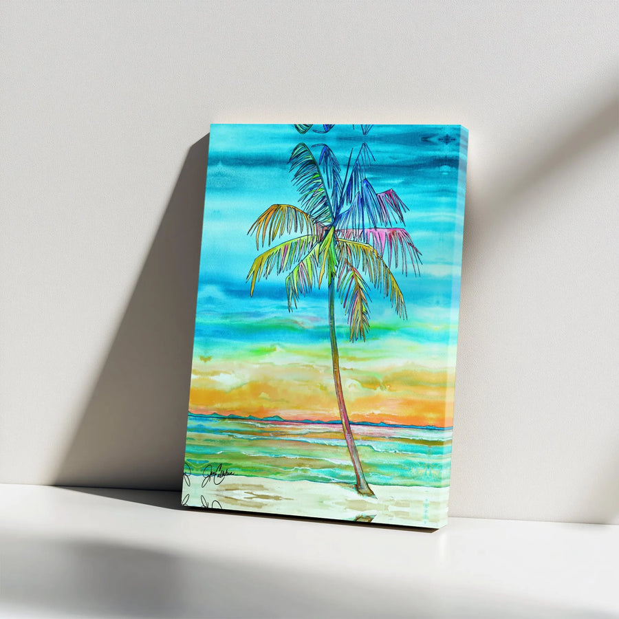 Colorful Palm Tree Canvas Wall Art | Vibrant Watercolor Sunset Painting | Premium Thick Gallery Wrap | Coastal Home Decor Gift