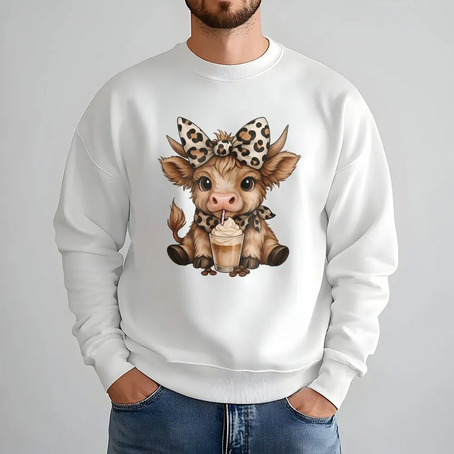 Highland Cow Coffee Sweatshirt | Leopard Bow Farmhouse Graphic | Premium Cotton Blend | Cute Animal Lover Gift For Women And Men