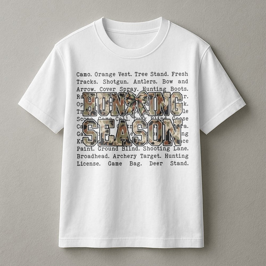 Hunting Season T-Shirt | Camo Bow Coquette Aesthetic Graphic | Soft Cotton Premium Tee | Unique Gift For Deer Hunter Outdoors Enthusiast