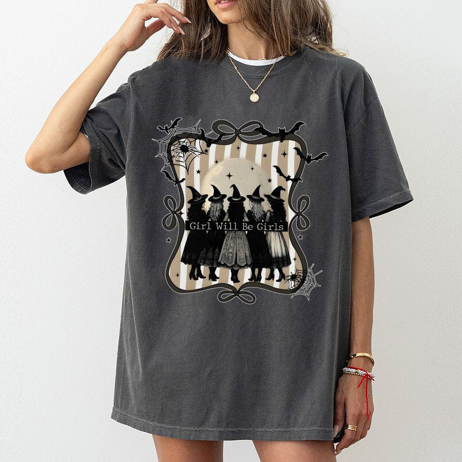 Witch Squad Halloween T-Shirt | Girls Will Be Girls Spooky Graphic Tee | 100% Cotton Premium Gift | Casual Autumn Witchy Outfit For Women