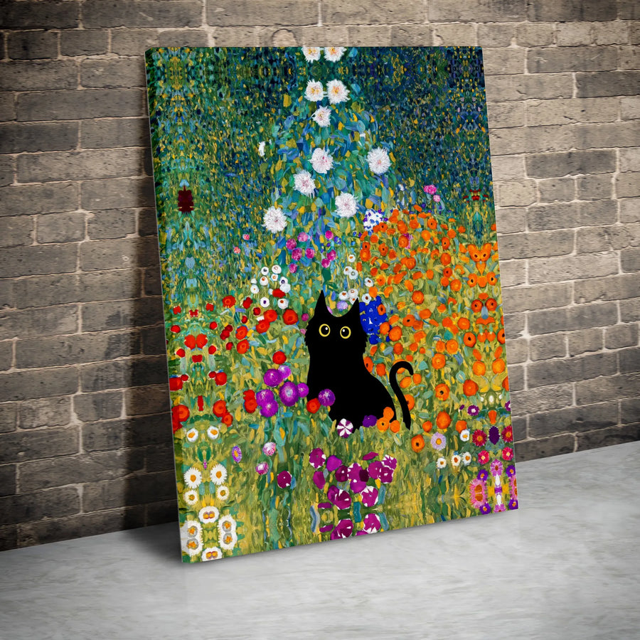 Black Cat Canvas Print | Gustav Klimt Inspired Flower Garden Art | Premium Fade-Resistant Wall Decor | Unique Gift For Cat Lovers