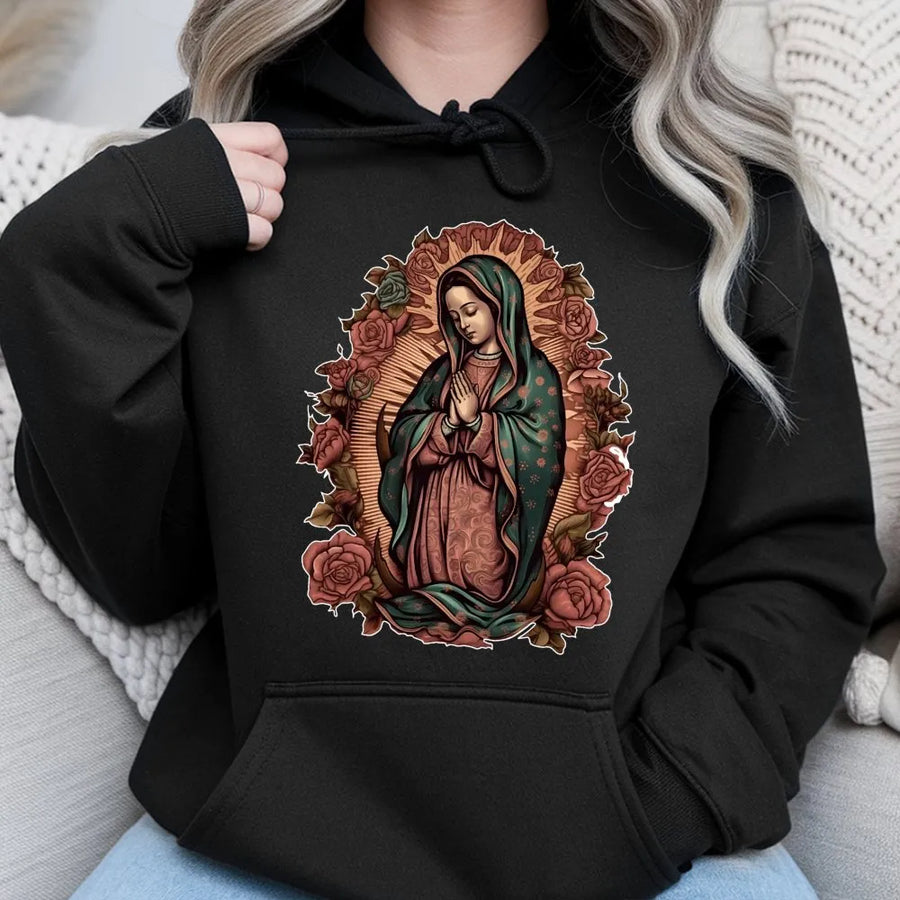 Virgen De Guadalupe Hoodie | Retro Virgin Mary Floral Graphic | Premium Cotton Blend Unisex Sweatshirt | Religious Gift For Women And Men