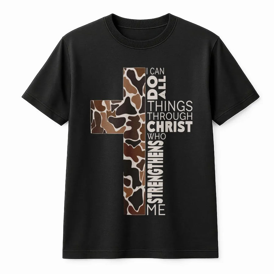 Camo Cross T-Shirt | I Can Do All Things Through Christ Verse | Premium Soft Cotton Bible Quote Tee | Christian Faith Gift for Men and Women