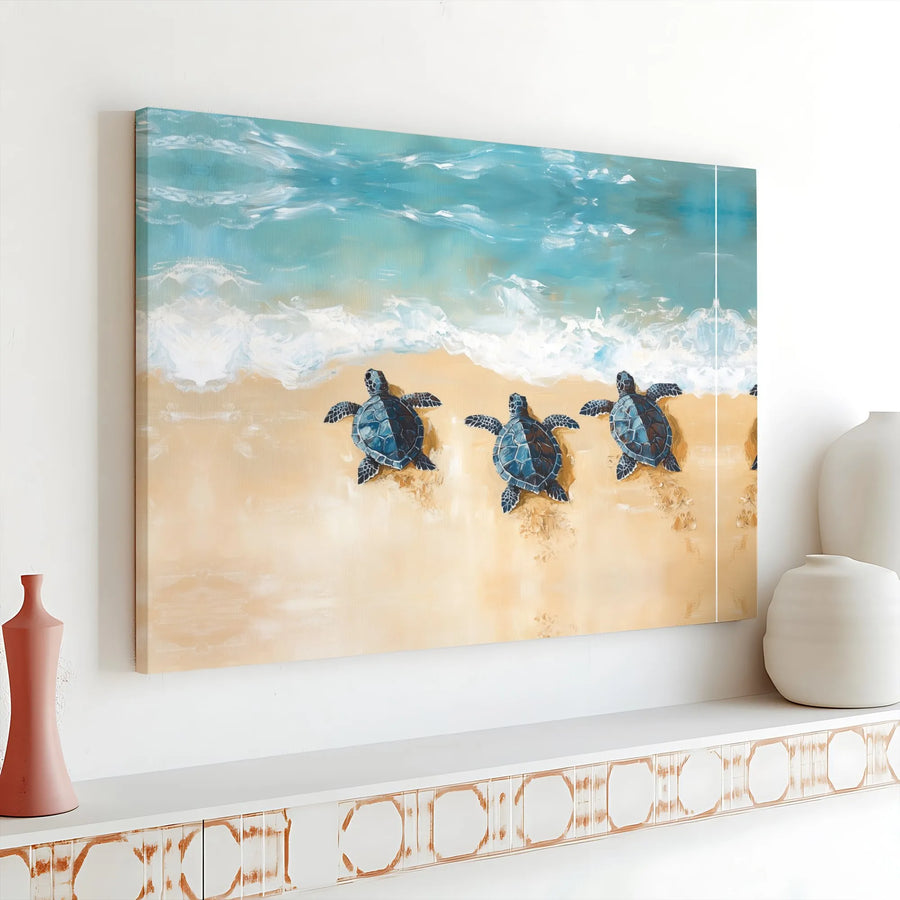 Sea Turtle Canvas Wall Art | Baby Turtles Journey to the Sea Painting | Thick Gallery Wrapped Canvas | Coastal Home Decor Gift for Ocean Lovers