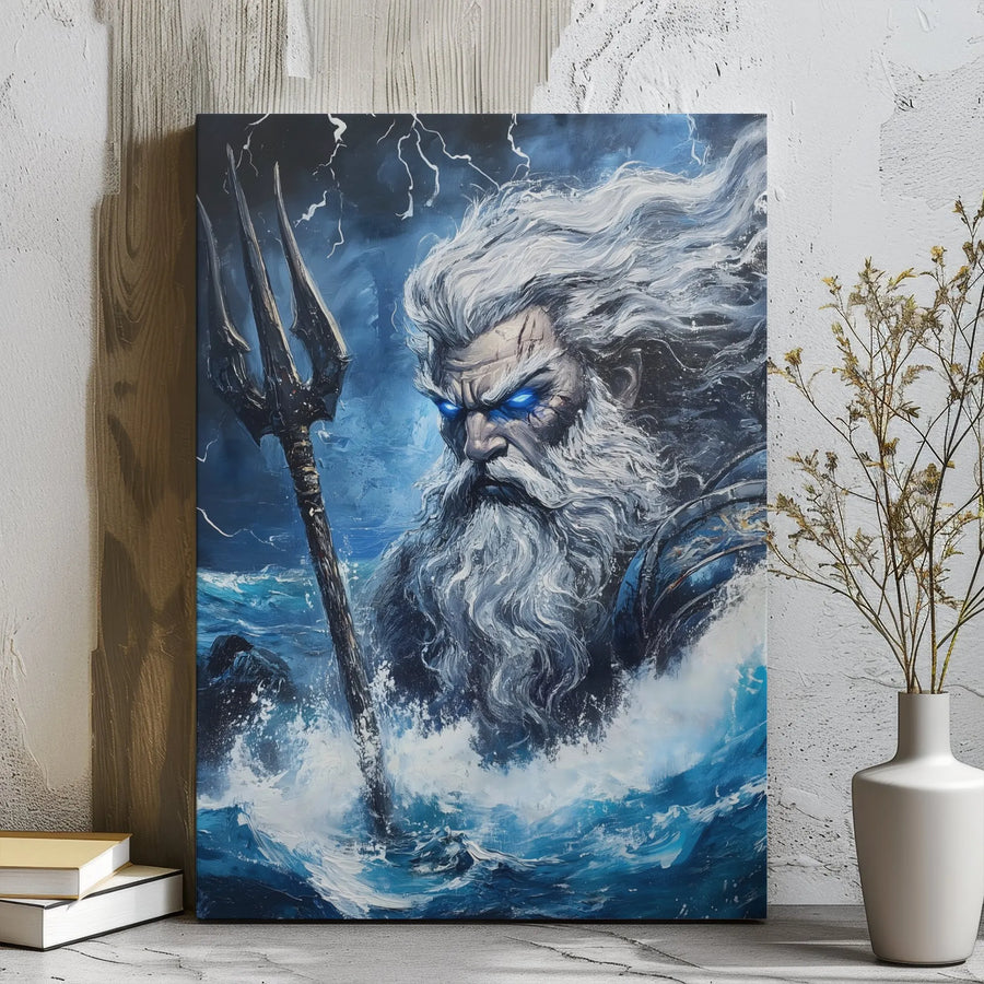 Poseidon Wall Art Canvas | Greek God of the Sea with Trident | Premium Gallery Wrap Print | Mythological Home Decor Gift for Him