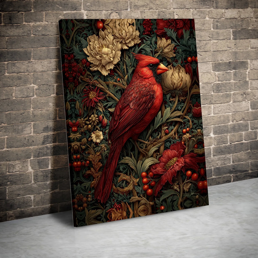 Red Cardinal Canvas Print | Arts and Crafts Style Botanical Art | Premium Gallery Wrap Canvas | Wall Decor Gift for Bird Lover