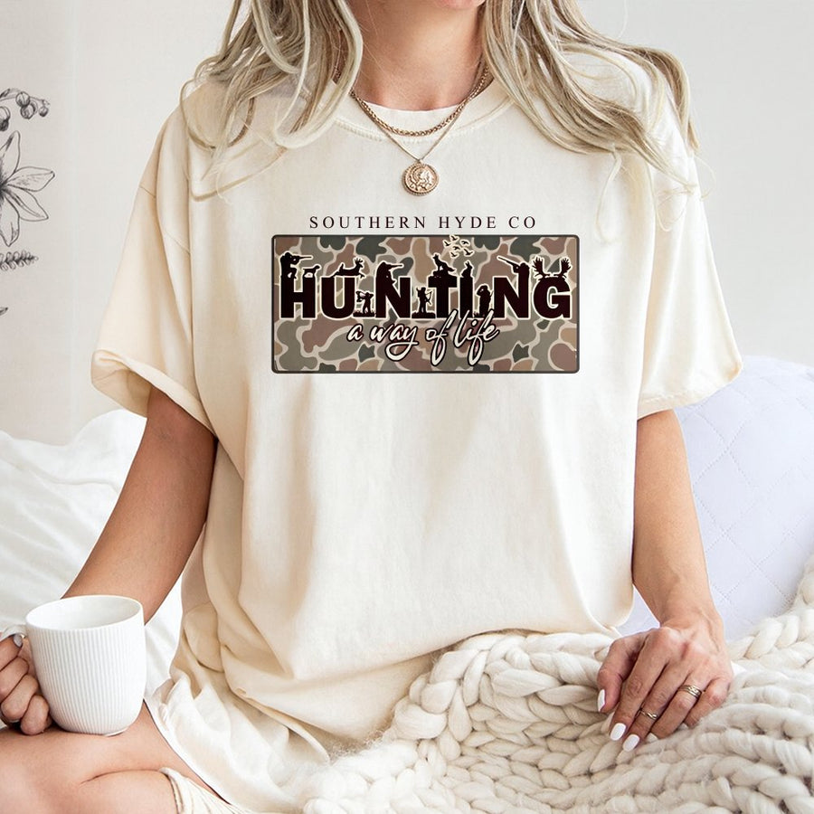 Hunting A Way Of Life T-Shirt | Camo Graphic Wildlife Design | Premium Soft Cotton | Outdoor Hunter Gift For Men And Women