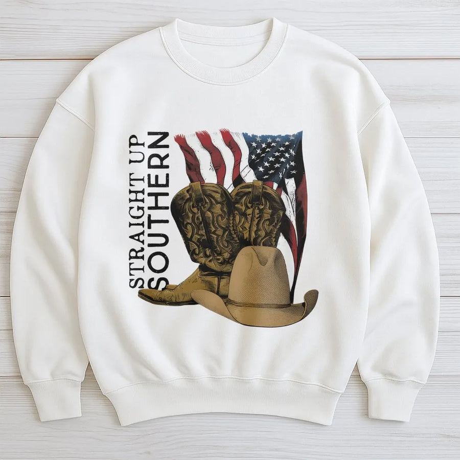 Southern Heritage Sweatshirt | Cowboy Boots And American Flag Design | Premium Cotton Blend Crewneck | Patriotic Gift For Country Music Fans