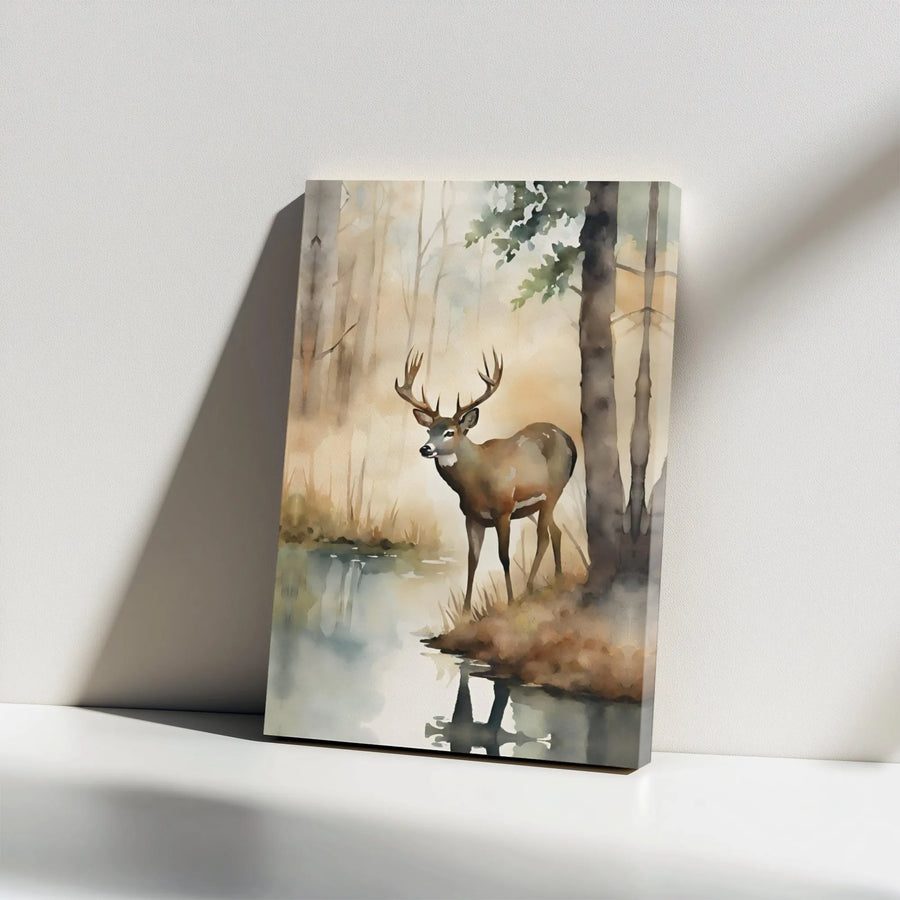 Misty Forest Deer Canvas Print | Watercolor Buck Wall Art | 1.25-Inch Gallery Wrap | Rustic Nature Decor for Living Room Gift