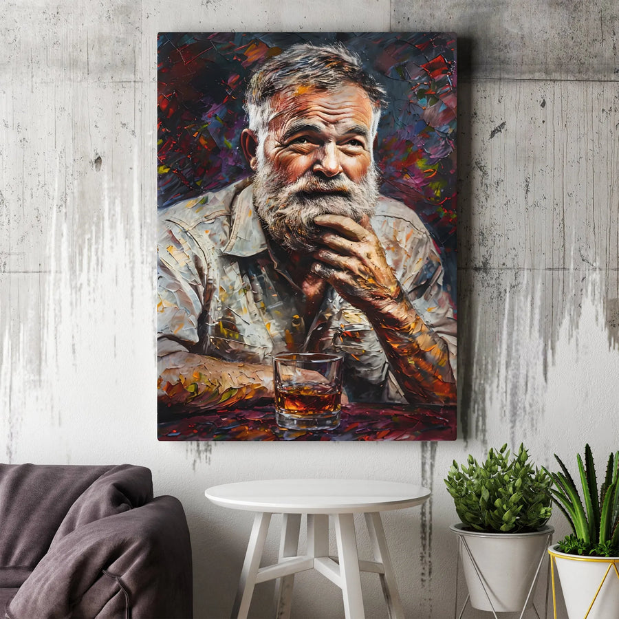 Old Man With Whiskey Canvas Wall Art | Impasto Oil Painting Style | Premium Gallery Wrap Print | Man Cave Decor Gift For Him