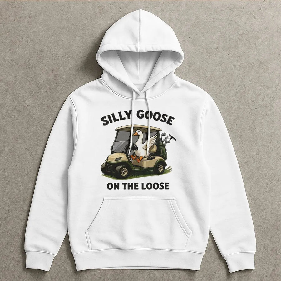 Silly Goose on the Loose Hoodie | Funny Goose Driving Golf Cart Graphic | Soft Cotton Blend | Unique Gift for Golfer