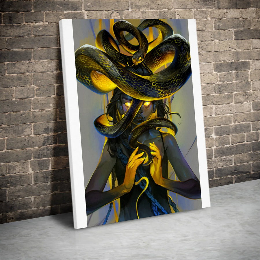 Serpent Goddess Vertical Canvas | Mythical Woman with Glowing Eyes | Premium Thick Gallery Wrap | Collector's Dark Fantasy Wall Art Gift