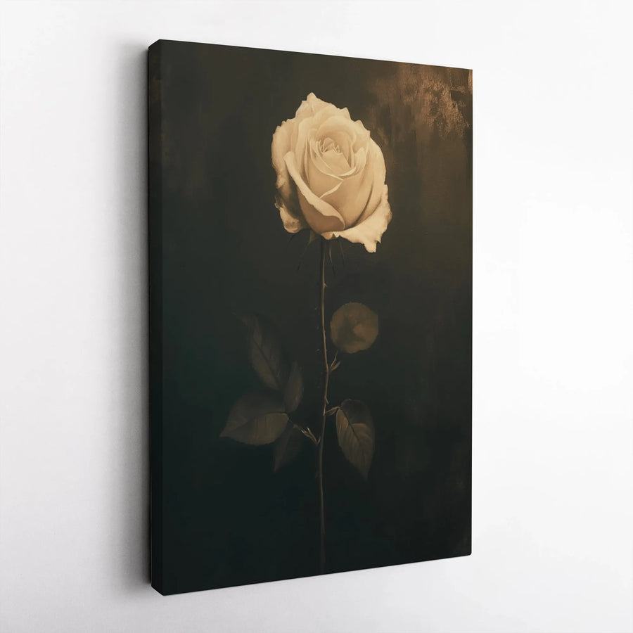 Single White Rose Canvas Wall Art | Moody Floral Botanical Decor | Gallery-Wrapped Premium Print | Elegant Gift for Home or Office