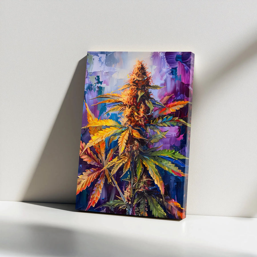 Cannabis Plant Wall Art | Abstract Impressionist Oil Painting Style | 1.25-Inch Premium Gallery Wrap Canvas | Modern Botanical Decor for Home Office
