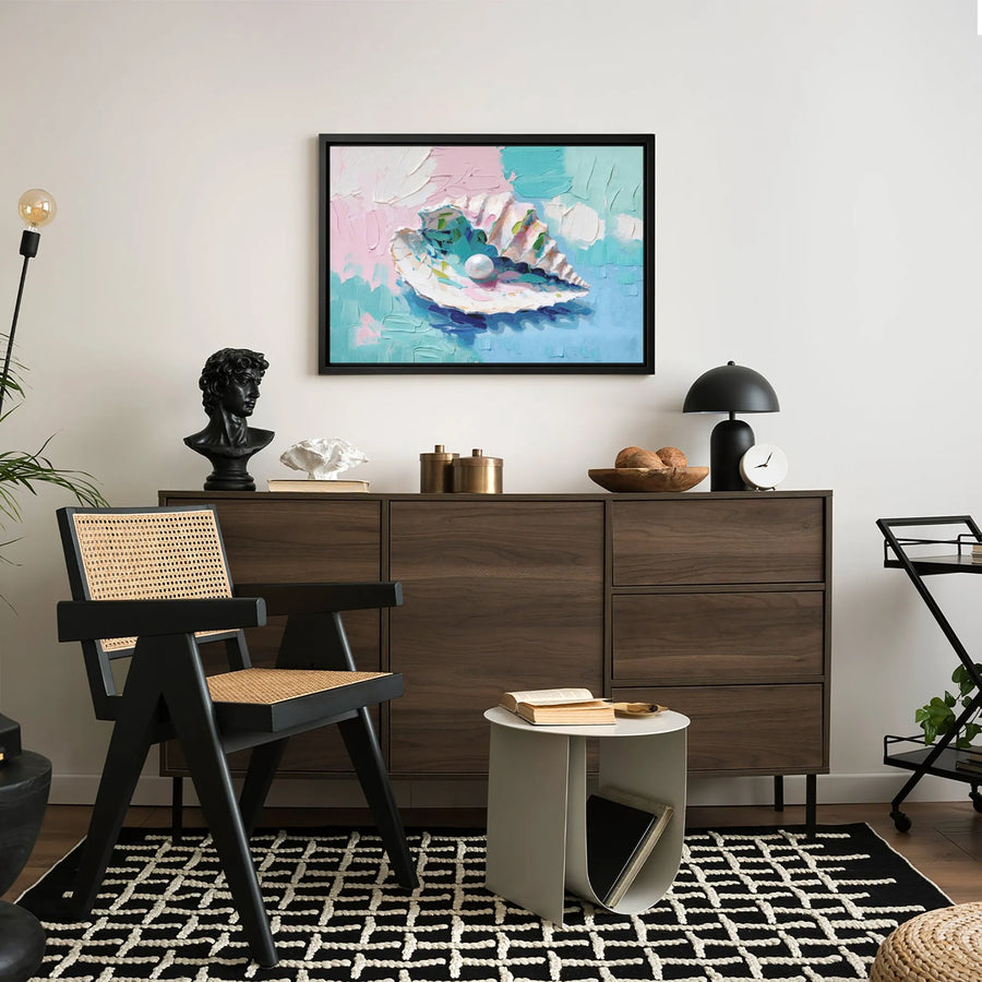 Seashell Pearl Canvas Art | Abstract Impasto Textured Ocean Painting | Premium Fade-Resistant Print | Elegant Coastal Home Decor Gift