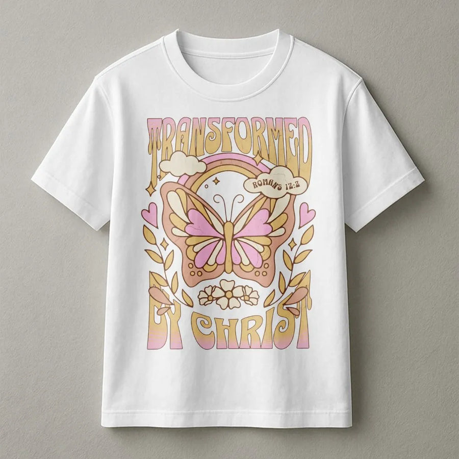 Transformed By Christ T-Shirt | Retro Butterfly Bible Verse Graphic | Premium Cotton Faith Tee | Christian Gift for Women and Men