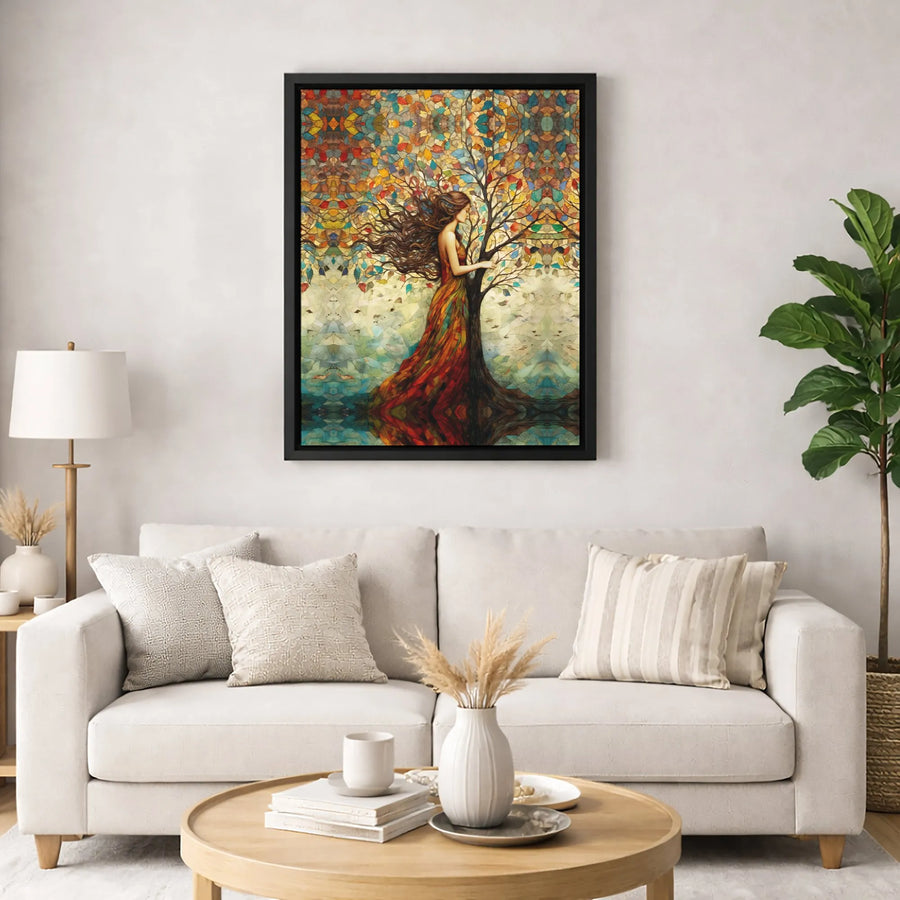 Woman Tree Of Life Canvas Art | Colorful Stained Glass Forest Wall Decor | Premium Fade-Resistant Gallery Wrap | Elegant Gift For Her Living Room