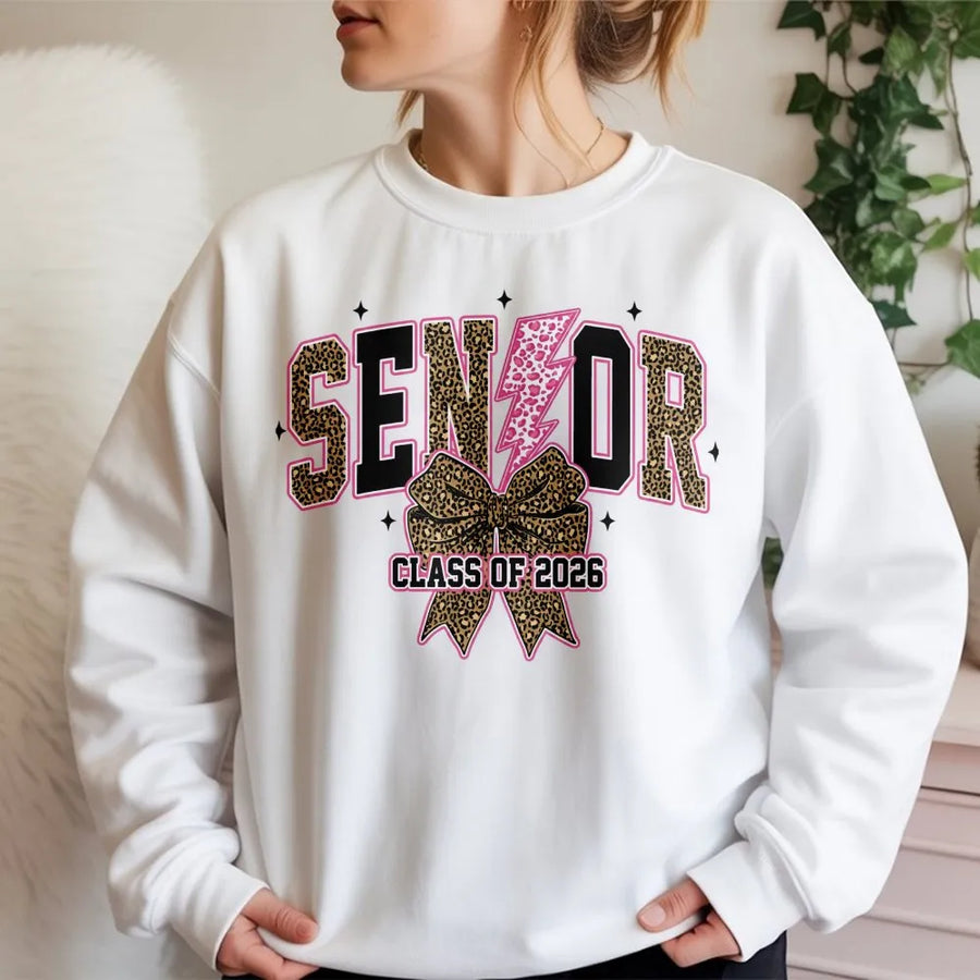 Senior 2026 Sweatshirt | Leopard Print Bow Lightning Graphic | Premium Cotton Blend Crewneck | Graduation Gift for High School Student
