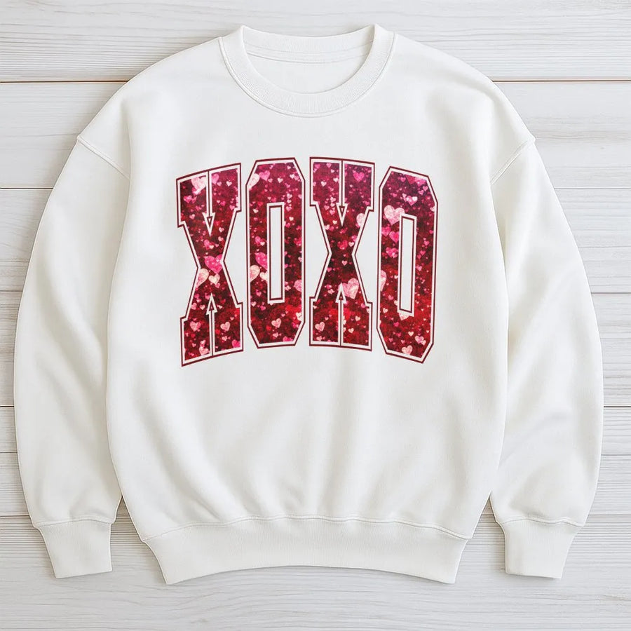 XOXO Valentines Day Sweatshirt | Varsity Letter Heart Print Design | Premium Cotton Blend | Romantic Gift For Her Or Him