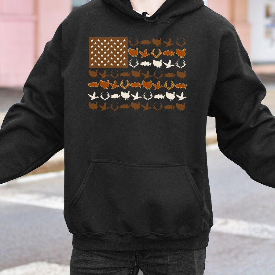 American Flag Hunting Hoodie | Deer Duck Fish Wildlife Graphic | Premium Cotton Blend | Patriotic Gift for Outdoorsman Hunter