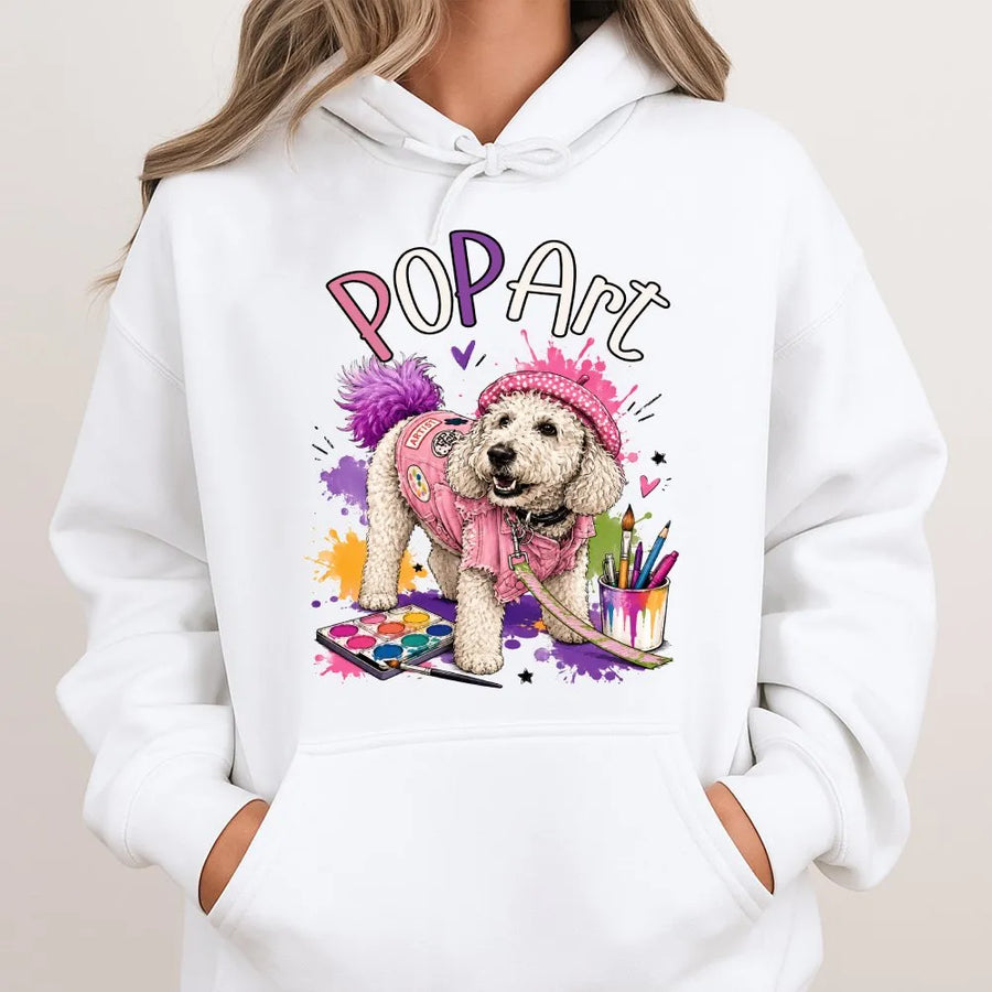Pop Art Dog Hoodie | Colorful Poodle Artist Graphic | Premium Cotton-Blend Sweatshirt | Gift for Dog Mom & Art Lovers
