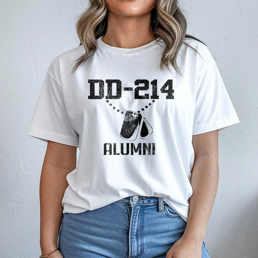 DD-214 Alumni Veteran T-Shirt | Distressed Dog Tag Graphic | 100% Soft Cotton Tee | Proud Military Discharge Gift For Retired Soldiers